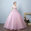 Illusion Blushing Pink See-through Prom Dresses 2019 Ball Gown Off-The-Shoulder Short Sleeve Appliques Lace Pearl Rhinestone Floor-Length / Long Ruffle Backless Formal Dresses
