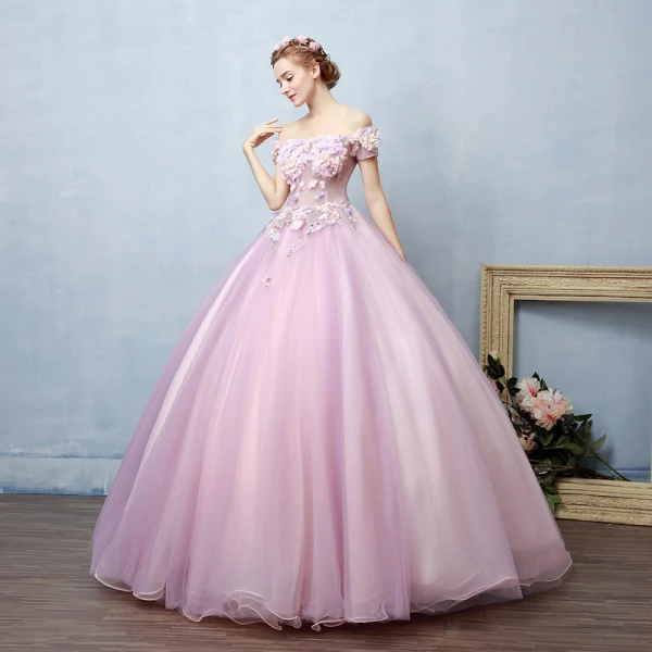 Illusion Blushing Pink See-through Prom Dresses 2019 Ball Gown Off-The-Shoulder Short Sleeve Appliques Lace Pearl Rhinestone Floor-Length / Long Ruffle Backless Formal Dresses