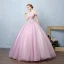 Illusion Blushing Pink See-through Prom Dresses 2019 Ball Gown Off-The-Shoulder Short Sleeve Appliques Lace Pearl Rhinestone Floor-Length / Long Ruffle Backless Formal Dresses