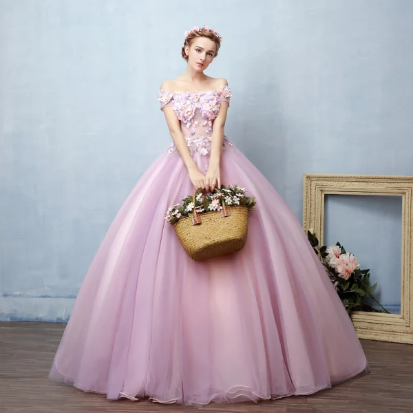 Illusion Blushing Pink See-through Prom Dresses 2019 Ball Gown Off-The-Shoulder Short Sleeve Appliques Lace Pearl Rhinestone Floor-Length / Long Ruffle Backless Formal Dresses