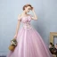 Illusion Blushing Pink See-through Prom Dresses 2019 Ball Gown Off-The-Shoulder Short Sleeve Appliques Lace Pearl Rhinestone Floor-Length / Long Ruffle Backless Formal Dresses