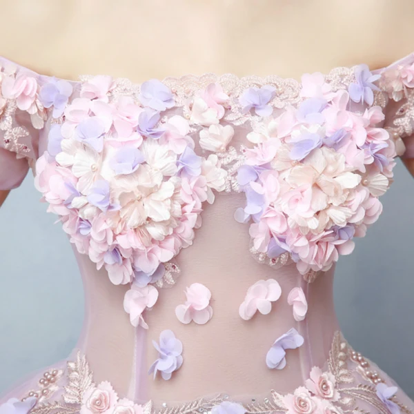 Illusion Blushing Pink See-through Prom Dresses 2019 Ball Gown Off-The-Shoulder Short Sleeve Appliques Lace Pearl Rhinestone Floor-Length / Long Ruffle Backless Formal Dresses