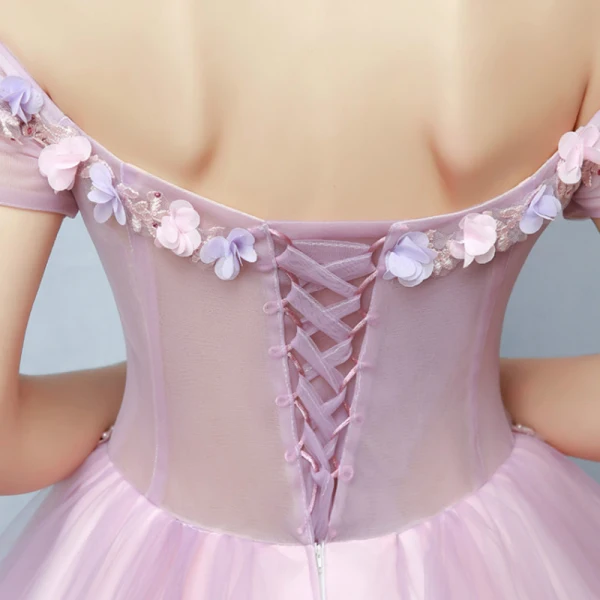 Illusion Blushing Pink See-through Prom Dresses 2019 Ball Gown Off-The-Shoulder Short Sleeve Appliques Lace Pearl Rhinestone Floor-Length / Long Ruffle Backless Formal Dresses