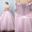 Illusion Blushing Pink See-through Prom Dresses 2019 Ball Gown Off-The-Shoulder Short Sleeve Appliques Lace Pearl Rhinestone Floor-Length / Long Ruffle Backless Formal Dresses