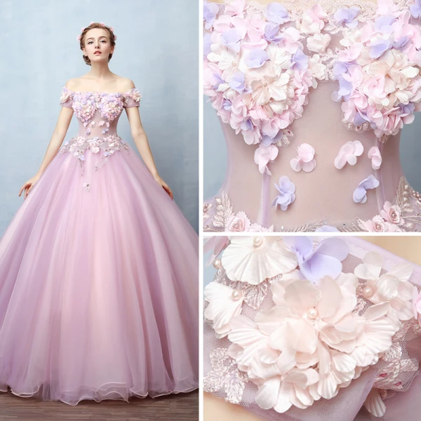 Illusion Blushing Pink See-through Prom Dresses 2019 Ball Gown Off-The-Shoulder Short Sleeve Appliques Lace Pearl Rhinestone Floor-Length / Long Ruffle Backless Formal Dresses