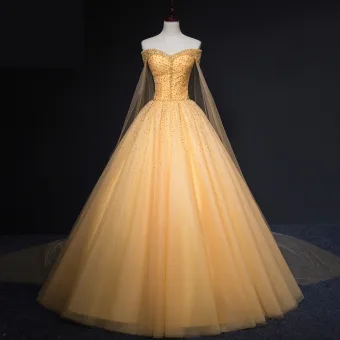 Bling Bling Gold Prom Dresses 2019 Ball Gown Off The Shoulder Short Sleeve Beading Glitter Sequins Floor Length Long Ruffle Backless Formal Dresses