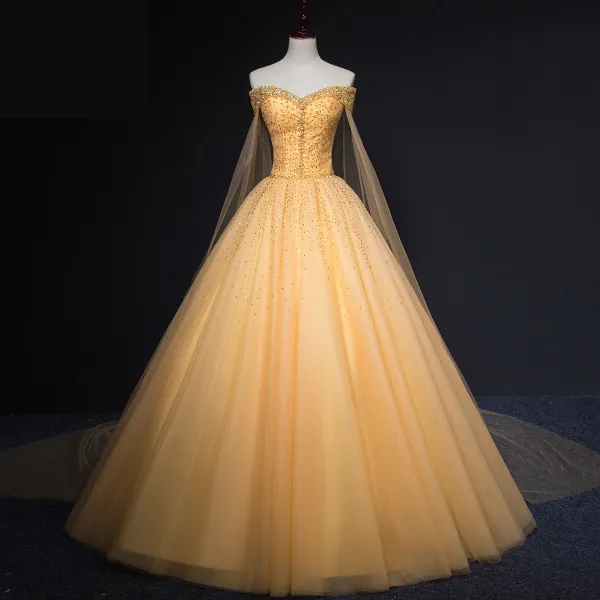 Bling Bling Gold Prom Dresses 2019 Ball Gown Off-The-Shoulder Short Sleeve Beading Glitter Sequins Floor-Length / Long Ruffle Backless Formal Dresses