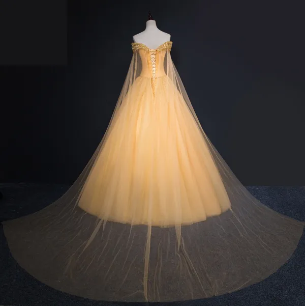 Bling Bling Gold Prom Dresses 2019 Ball Gown Off The Shoulder Short Sleeve Beading Glitter Sequins Floor Length Long Ruffle Backless Formal Dresses