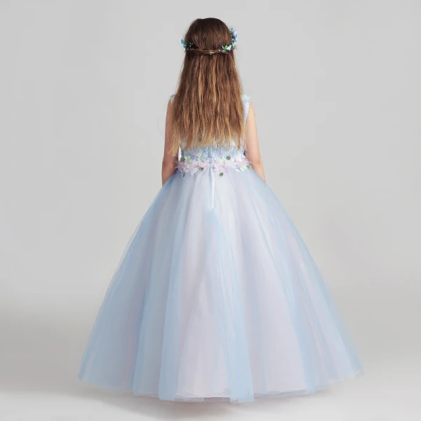 Schöne Himmelblau Mädchenkleider 2017 Ballkleid Rundhalsausschnitt Ärmellos Applikationen Mit Spitze Blumen Lange Rüschen Kleider Für Hochzeit