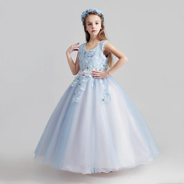Schöne Himmelblau Mädchenkleider 2017 Ballkleid Rundhalsausschnitt Ärmellos Applikationen Mit Spitze Blumen Lange Rüschen Kleider Für Hochzeit