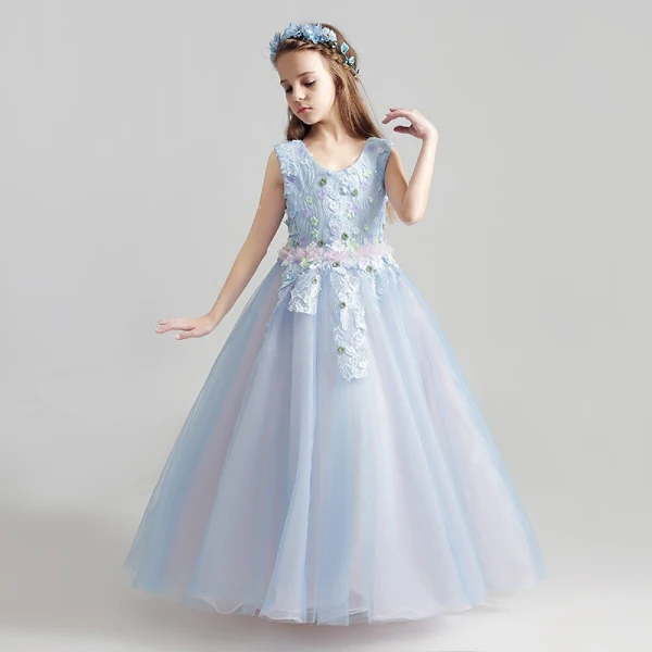 Schöne Himmelblau Mädchenkleider 2017 Ballkleid Rundhalsausschnitt Ärmellos Applikationen Mit Spitze Blumen Lange Rüschen Kleider Für Hochzeit