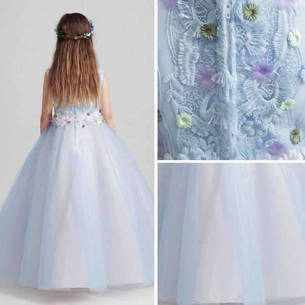 Schöne Himmelblau Mädchenkleider 2017 Ballkleid Rundhalsausschnitt Ärmellos Applikationen Mit Spitze Blumen Lange Rüschen Kleider Für Hochzeit