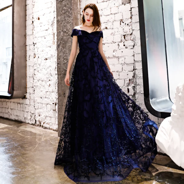 Affordable Navy Blue Evening Dresses  2019 A-Line / Princess Off-The-Shoulder Short Sleeve Appliques Lace Floor-Length / Long Ruffle Backless Formal Dresses