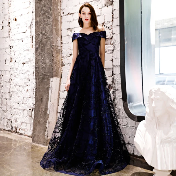 Affordable Navy Blue Evening Dresses  2019 A-Line / Princess Off-The-Shoulder Short Sleeve Appliques Lace Floor-Length / Long Ruffle Backless Formal Dresses