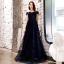 Affordable Navy Blue Evening Dresses  2019 A-Line / Princess Off-The-Shoulder Short Sleeve Appliques Lace Floor-Length / Long Ruffle Backless Formal Dresses