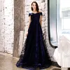 Affordable Navy Blue Evening Dresses  2019 A-Line / Princess Off-The-Shoulder Short Sleeve Appliques Lace Floor-Length / Long Ruffle Backless Formal Dresses
