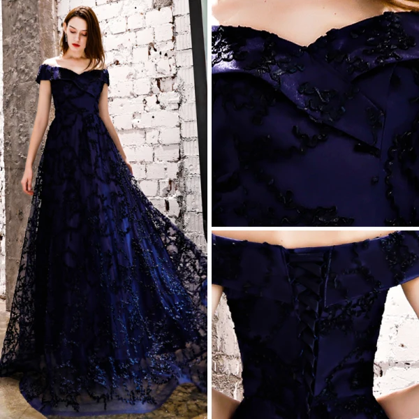 Affordable Navy Blue Evening Dresses  2019 A-Line / Princess Off-The-Shoulder Short Sleeve Appliques Lace Floor-Length / Long Ruffle Backless Formal Dresses