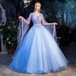 Elegant Pool Blue See Through Prom Dresses 2019 Ball Gown V Neck Long Sleeve Appliques Lace Pearl Bow Sash Floor Length Long Ruffle Backless Formal Dresses