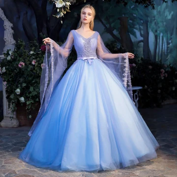 Eleganckie Niebieskie Przezroczyste Sukienki Na Bal 2019 Suknia Balowa V Szyja Długie Rękawy Aplikacje Z Koronki Perła Kokarda Szarfa Długie Wzburzyć Bez Pleców Sukienki Wizytowe