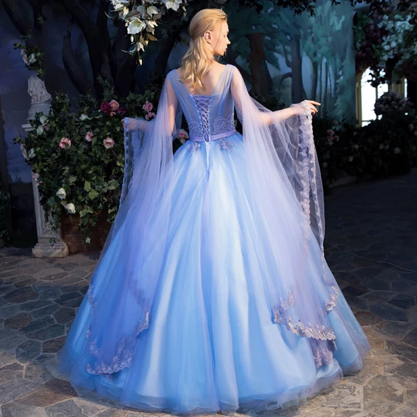 Élégant Bleu Transparentes Robe De Bal 2019 Robe Boule V-Cou Manches Longues Appliques En Dentelle Perle Noeud Ceinture Longue Volants Dos Nu Robe De Ceremonie
