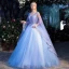 Élégant Bleu Transparentes Robe De Bal 2019 Robe Boule V-Cou Manches Longues Appliques En Dentelle Perle Noeud Ceinture Longue Volants Dos Nu Robe De Ceremonie