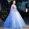 Elegant Pool Blue See-through Prom Dresses 2019 Ball Gown V-Neck Long Sleeve Appliques Lace Pearl Bow Sash Floor-Length / Long Ruffle Backless Formal Dresses