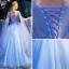 Élégant Bleu Transparentes Robe De Bal 2019 Robe Boule V-Cou Manches Longues Appliques En Dentelle Perle Noeud Ceinture Longue Volants Dos Nu Robe De Ceremonie