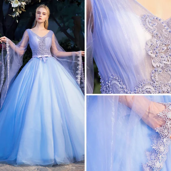 Élégant Bleu Transparentes Robe De Bal 2019 Robe Boule V-Cou Manches Longues Appliques En Dentelle Perle Noeud Ceinture Longue Volants Dos Nu Robe De Ceremonie