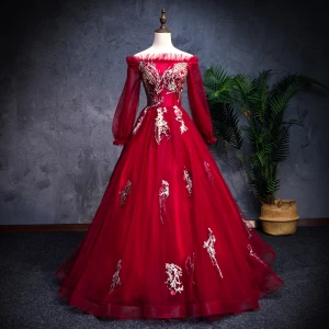 Moderne Mode Bordeaux Robe De Bal 2019 Princesse De L Épaule Manches Longues Appliques En Dentelle Perle Faux Diamant Longue Volants Dos Nu Robe De Ceremonie