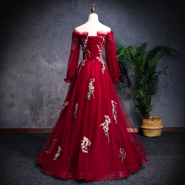 Modern / Fashion Burgundy Prom Dresses 2019 A-Line / Princess Off-The-Shoulder Long Sleeve Appliques Lace Pearl Rhinestone Floor-Length / Long Ruffle Backless Formal Dresses