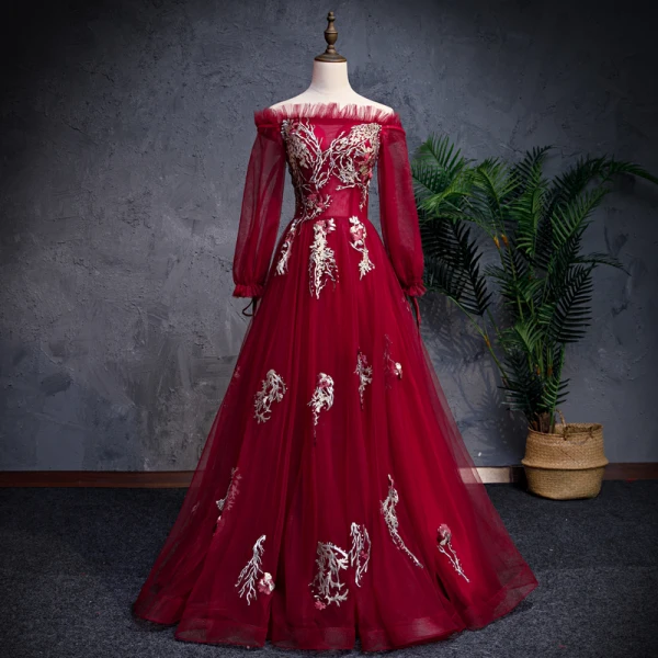 Modern / Fashion Burgundy Prom Dresses 2019 A-Line / Princess Off-The-Shoulder Long Sleeve Appliques Lace Pearl Rhinestone Floor-Length / Long Ruffle Backless Formal Dresses