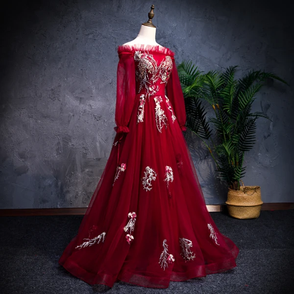 Modern / Fashion Burgundy Prom Dresses 2019 A-Line / Princess Off-The-Shoulder Long Sleeve Appliques Lace Pearl Rhinestone Floor-Length / Long Ruffle Backless Formal Dresses