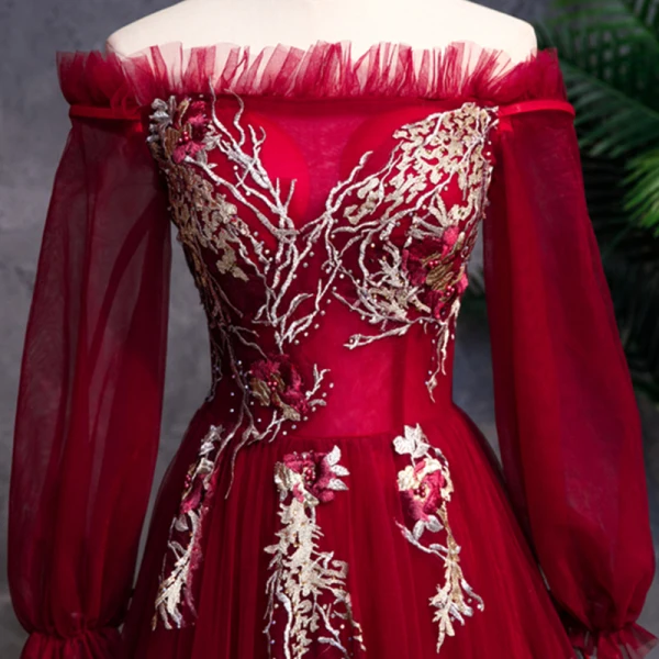 Modern / Fashion Burgundy Prom Dresses 2019 A-Line / Princess Off-The-Shoulder Long Sleeve Appliques Lace Pearl Rhinestone Floor-Length / Long Ruffle Backless Formal Dresses