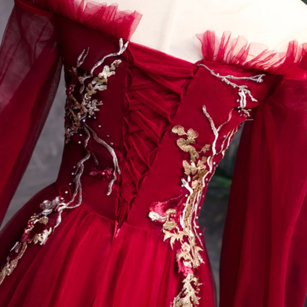 Modern / Fashion Burgundy Prom Dresses 2019 A-Line / Princess Off-The-Shoulder Long Sleeve Appliques Lace Pearl Rhinestone Floor-Length / Long Ruffle Backless Formal Dresses