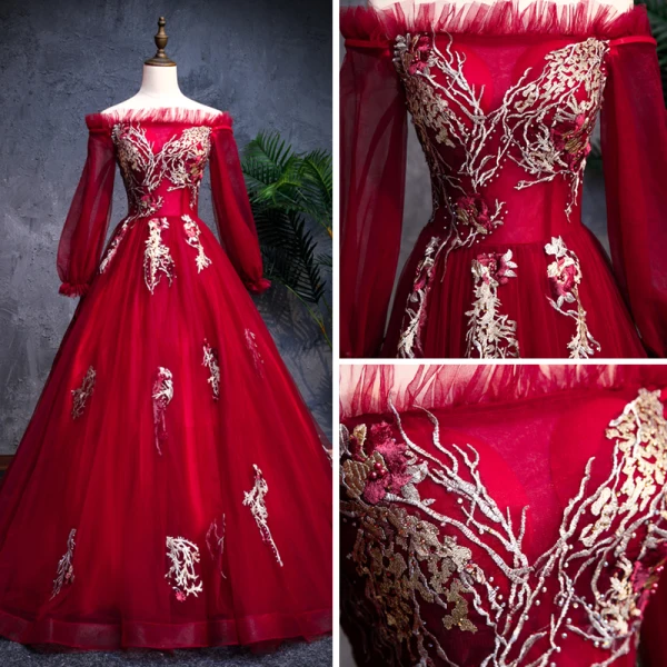 Modern / Fashion Burgundy Prom Dresses 2019 A-Line / Princess Off-The-Shoulder Long Sleeve Appliques Lace Pearl Rhinestone Floor-Length / Long Ruffle Backless Formal Dresses