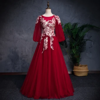Moderne Mode Bordeaux Robe De Bal 2019 Princesse De L Épaule Gonflée 3 4 Manches Appliques En Dentelle Perle Faux Diamant Longue Volants Dos Nu Robe De Ceremonie