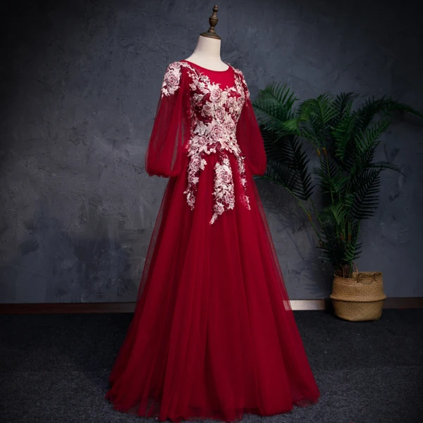 Modern / Fashion Burgundy Prom Dresses 2019 A-Line / Princess Off-The-Shoulder Puffy 3/4 Sleeve Appliques Lace Pearl Rhinestone Floor-Length / Long Ruffle Backless Formal Dresses