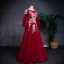 Modern / Fashion Burgundy Prom Dresses 2019 A-Line / Princess Off-The-Shoulder Puffy 3/4 Sleeve Appliques Lace Pearl Rhinestone Floor-Length / Long Ruffle Backless Formal Dresses