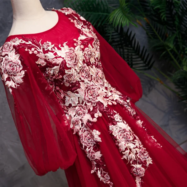 Modern / Fashion Burgundy Prom Dresses 2019 A-Line / Princess Off-The-Shoulder Puffy 3/4 Sleeve Appliques Lace Pearl Rhinestone Floor-Length / Long Ruffle Backless Formal Dresses