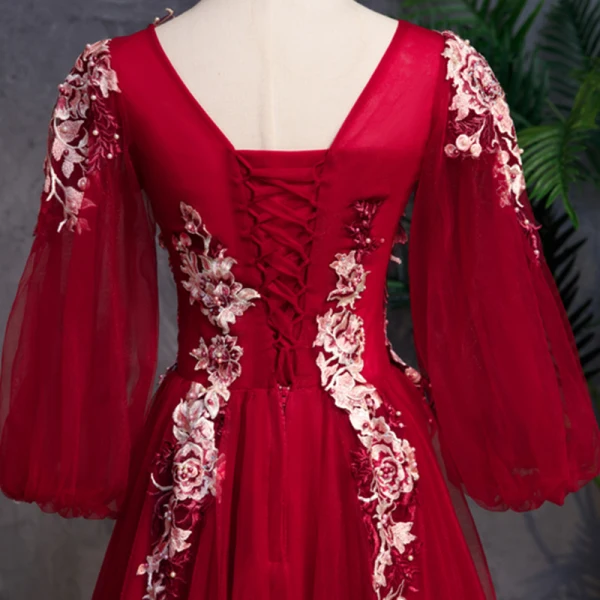 Modern / Fashion Burgundy Prom Dresses 2019 A-Line / Princess Off-The-Shoulder Puffy 3/4 Sleeve Appliques Lace Pearl Rhinestone Floor-Length / Long Ruffle Backless Formal Dresses