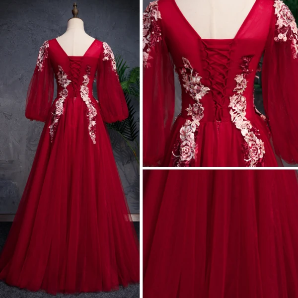 Modern / Fashion Burgundy Prom Dresses 2019 A-Line / Princess Off-The-Shoulder Puffy 3/4 Sleeve Appliques Lace Pearl Rhinestone Floor-Length / Long Ruffle Backless Formal Dresses
