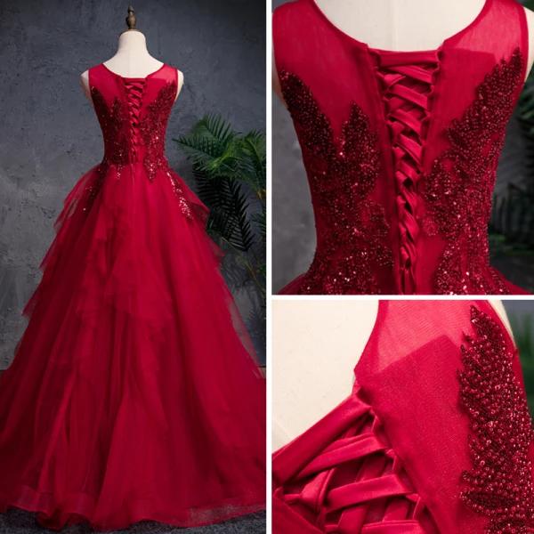 Classic Burgundy Prom Dresses 2018 A-Line / Princess See-through Scoop Neck Sleeveless Beading Glitter Sequins Floor-Length / Long Cascading Ruffles Backless Formal Dresses