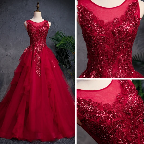 Classic Burgundy Prom Dresses 2018 A-Line / Princess See-through Scoop Neck Sleeveless Beading Glitter Sequins Floor-Length / Long Cascading Ruffles Backless Formal Dresses