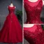 Classic Burgundy Prom Dresses 2018 A-Line / Princess See-through Scoop Neck Sleeveless Beading Glitter Sequins Floor-Length / Long Cascading Ruffles Backless Formal Dresses