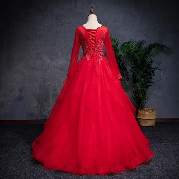 Chinese style Red Prom Dresses 2019 A-Line / Princess See-through Scoop Neck Long Sleeve Beading Sequins Floor-Length / Long Cascading Ruffles Formal Dresses