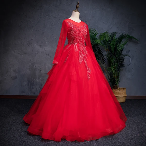 Chinese style Red Prom Dresses 2019 A-Line / Princess See-through Scoop Neck Long Sleeve Beading Sequins Floor-Length / Long Cascading Ruffles Formal Dresses