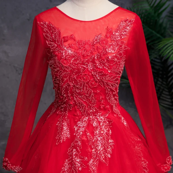 Chinese style Red Prom Dresses 2019 A-Line / Princess See-through Scoop Neck Long Sleeve Beading Sequins Floor-Length / Long Cascading Ruffles Formal Dresses