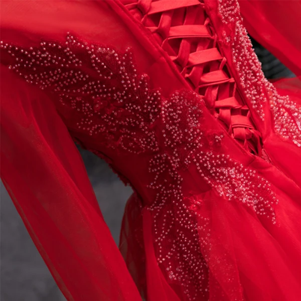 Chinese style Red Prom Dresses 2019 A-Line / Princess See-through Scoop Neck Long Sleeve Beading Sequins Floor-Length / Long Cascading Ruffles Formal Dresses