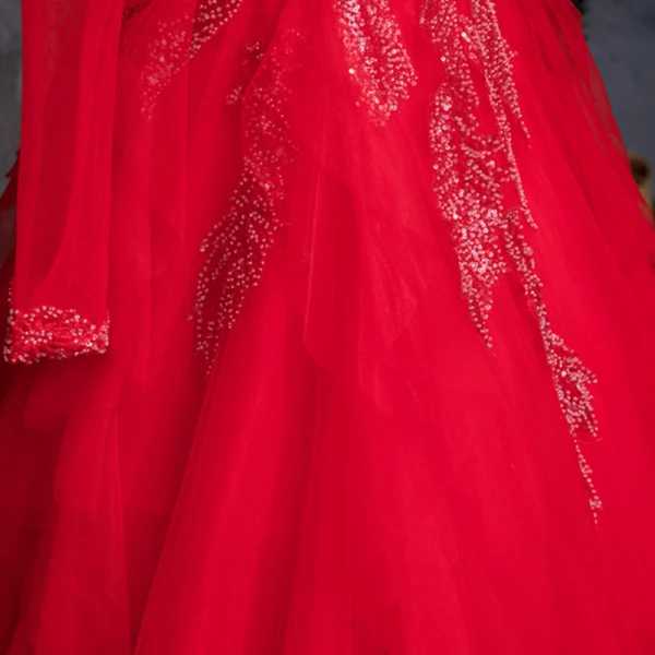 Chinese style Red Prom Dresses 2019 A-Line / Princess See-through Scoop Neck Long Sleeve Beading Sequins Floor-Length / Long Cascading Ruffles Formal Dresses