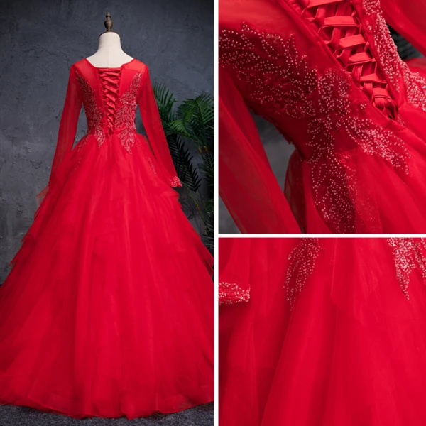 Chinese style Red Prom Dresses 2019 A-Line / Princess See-through Scoop Neck Long Sleeve Beading Sequins Floor-Length / Long Cascading Ruffles Formal Dresses